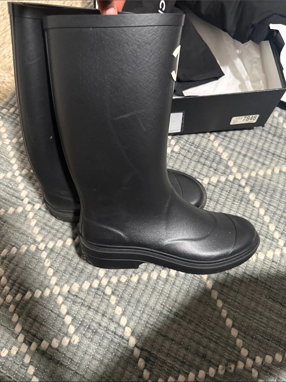 CHANEL Black Logo Knee-High Leather Boots